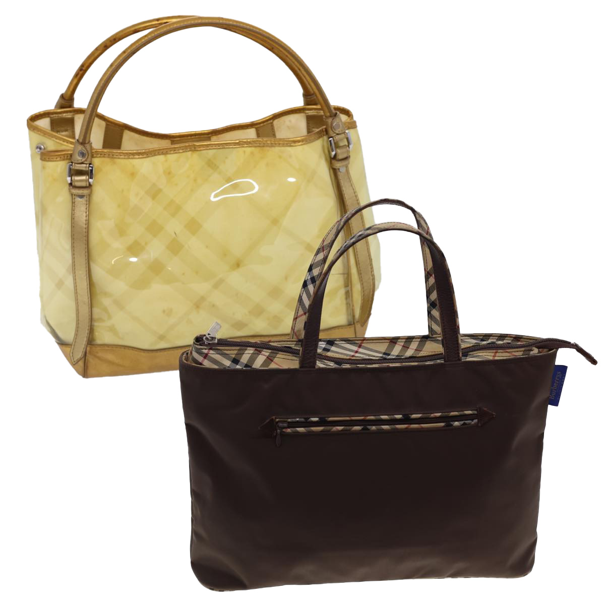 Burberry S Nova Check Tote Bag Enamel 2set Yellow Brown Auth Bs4930